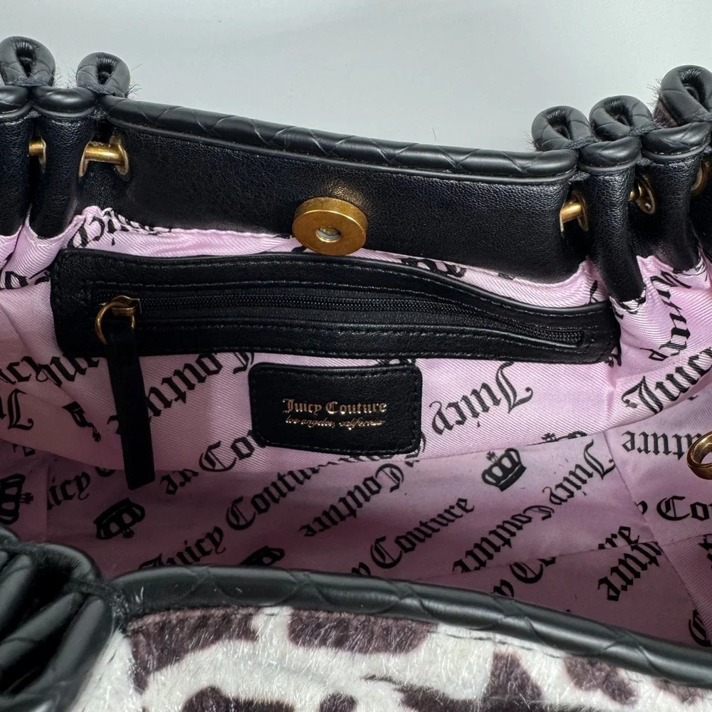 Juicy Couture Romance Cow Print Satchel Bag Faux Fur Pink Bow Heart Charm BW